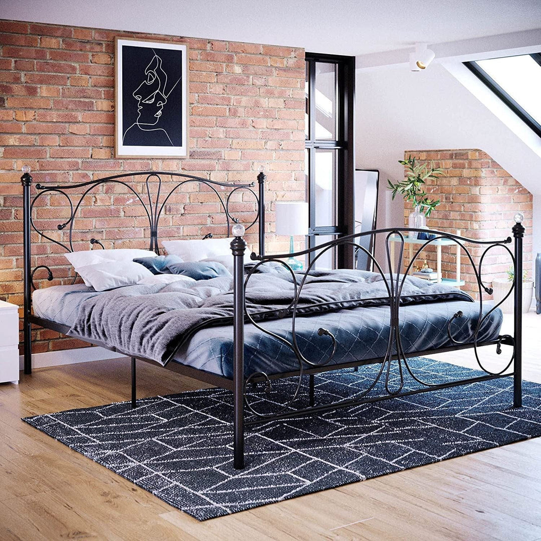 Furnitureful Beds & Bed Frames 3ft Single 90cm x 190cm / No Mattress Metal Bed Black Frame Luxury Platform Complete Set Headboard & Storage